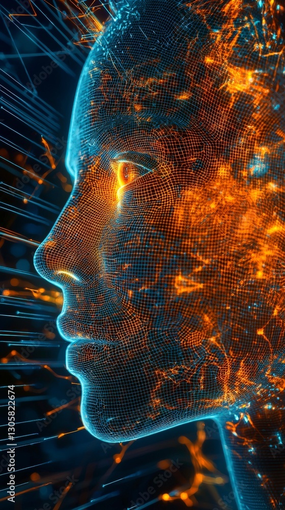 Poster radiant digital visage with fiery patterns in space.