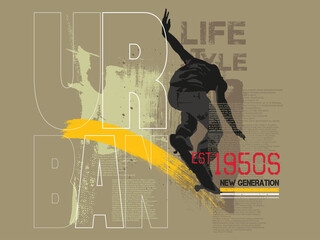 Abstract art grunge illustration. freestyle skateboard grunge, t shirt graphics print typography, Urban typography hipster street art, vector grunge art graffiti style. skateboard player jumping illus © Sukman