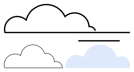 Simple cloud outlines with bold lines and a filled light blue cloud. Ideal for weather, climate, digital design, technology, data storage, education, creativity. Flat simple metaphor