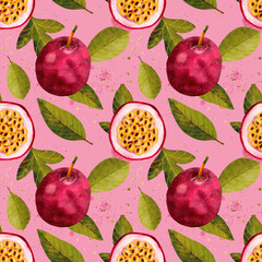 A Vibrant and Colorful Pattern Featuring Passion Fruits and Plums Set Against a Pink Background