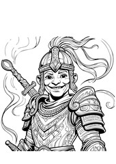 Smiling Fantasy Warrior – Detailed Ink Drawing of a Heroic Knight