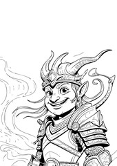 Smiling Elven Warrior – Fantasy Black & White Ink Illustration