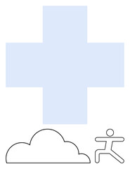 Blue cross centered with a stylized cloud and running figure below, symbolizing health, progress, and care. Ideal for medical, wellness, fitness, recovery self-care healthcare growth. Flat simple
