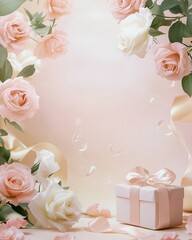 **Mother’s Day Floral Elegance – Soft pastel floral background with delicate pink and white roses arranged in the top corners, with a gift box and ribbon placed subtly in the bottom right corner, luxu