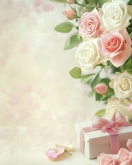 **Mother’s Day Floral Elegance – Soft pastel floral background with delicate pink and white roses arranged in the top corners, with a gift box and ribbon placed subtly in the bottom right corner, luxu