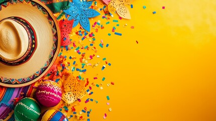 **Cinco de Mayo Celebration – Vibrant background featuring colorful papel picado banners and confetti, with a traditional sombrero and maracas placed in the bottom left corner, leaving the center open