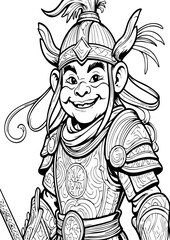 Happy Young Warrior in Traditional Armor – Black and White Line Art