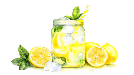 A jar of lemonade with ice cubes and a lemon slice