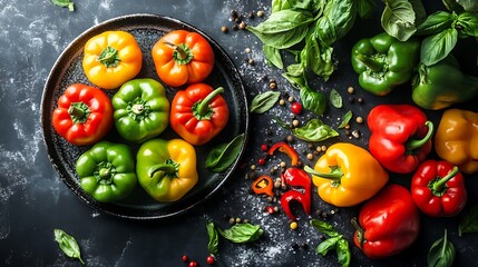 Vibrant collection of colorful bell peppers arranged on a dark plate alongside fresh basil peppercorns.