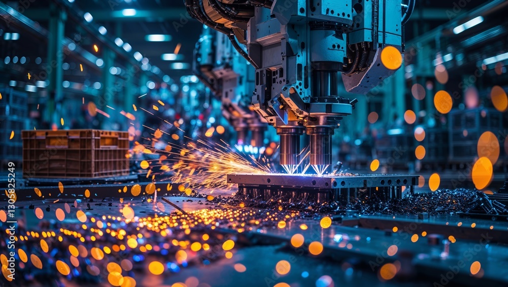Aufkleber manufacturing process with robotic arms creating sparks inside a high-tech factory