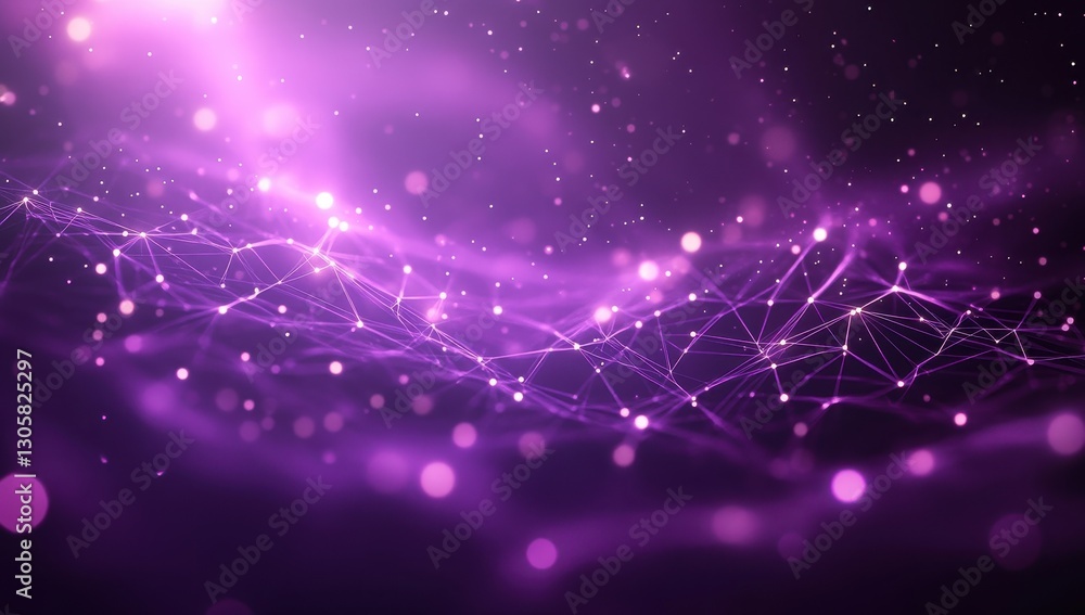 Poster ethereal purple abstract background with glowing particles and network lines for digital and technol