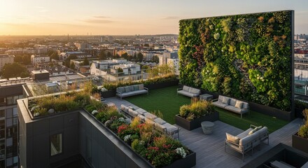 Obraz premium Lush green living wall vertical garden on a modern rooftop terrace with urban city skyline and sunset, concept for sustainable living, eco-friendly design and luxury real estate development