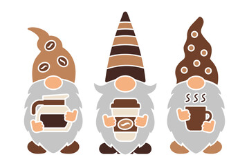 Vector three coffee gnomes design. Cute print for coffee lovers. Illustration for invitations, banners, posters. Template for plotter cutting