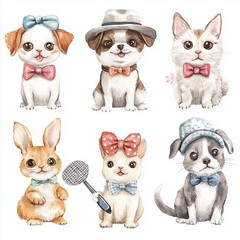 Obraz premium **Collection set watercolor pet idol showcasing adorable dogs, cats, and rabbits posing with cute accessories like bows, hats, and mini microphones, creating a fun and engaging influencer vibe. 