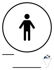 Person inside big circle with funnel filtering icons at bottom. Ideal for customer analysis, targeting, focus group, personalization, decision-making, data processing, simplification. Flat simple