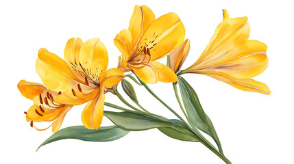 A close up of three yellow flowers with green leaves