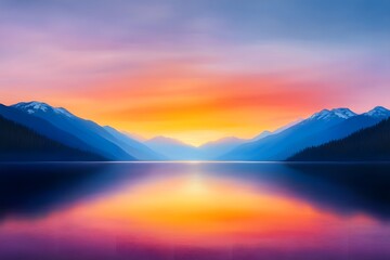 Captivating Impressionistic Sunset Over Tranquil Lake and Snowy Mountains
