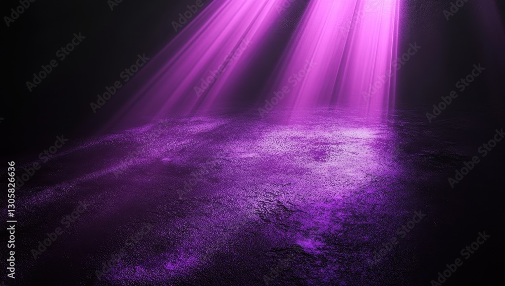 Poster ethereal purple light rays illuminating dark floor in mysterious ambient scene for artistic and crea