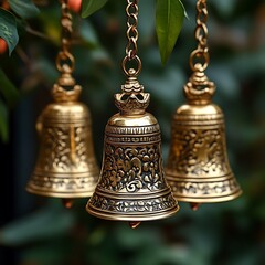 Ornate brass bells hanging garden decor