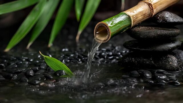 Flowing Water from Bamboo Spout Over Zen Stones &ndash; Tranquil Nature Scene for Spa, Meditation, and Wellness Concepts