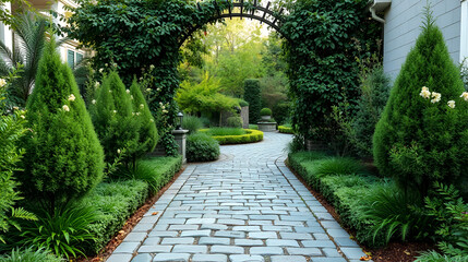 Cobblestone entrance in the garden, graphite paving stone texture, pavement