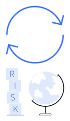 Blue circular arrows, stacked RISK blocks, and globe symbolizing global strategy, risk analysis, problem-solving, decision-making. Ideal for business planning, global markets, risk management