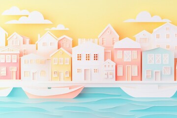 Fototapeta premium Floating village in paper cut isometric style, soft warm light