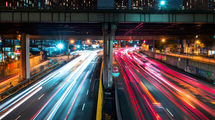 Nocturnal urban canyon with illuminated signage and kinetic traffic energy