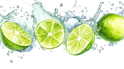 A close up of four lime slices in a glass of water. The lime slices are cut in half and are floating in the water