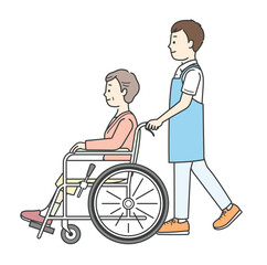 車椅子の高齢女性と介助ををする男性介護士の全身イラスト
