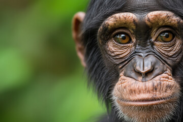 Portrait of a young chimpanzee with deep brown eyes and detailed facial features, gazing thoughtfully with a blurred green jungle background