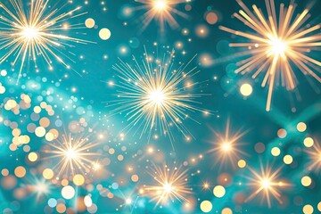 Vibrant Turquoise Celebration Background Featuring Shimmering Stars and Bright Light Effects