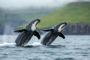 Obraz premium Two humpback whales breaching the ocean surface in unison with water splashing around them, set against a misty coastal landscape with green cliffs in the background