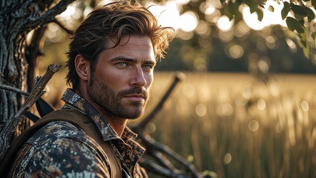 Outdoor portrait of a man with striking blue eyes in a natural setting during golden hour light