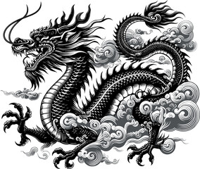Prominent black oriental dragon flying among grey clouds