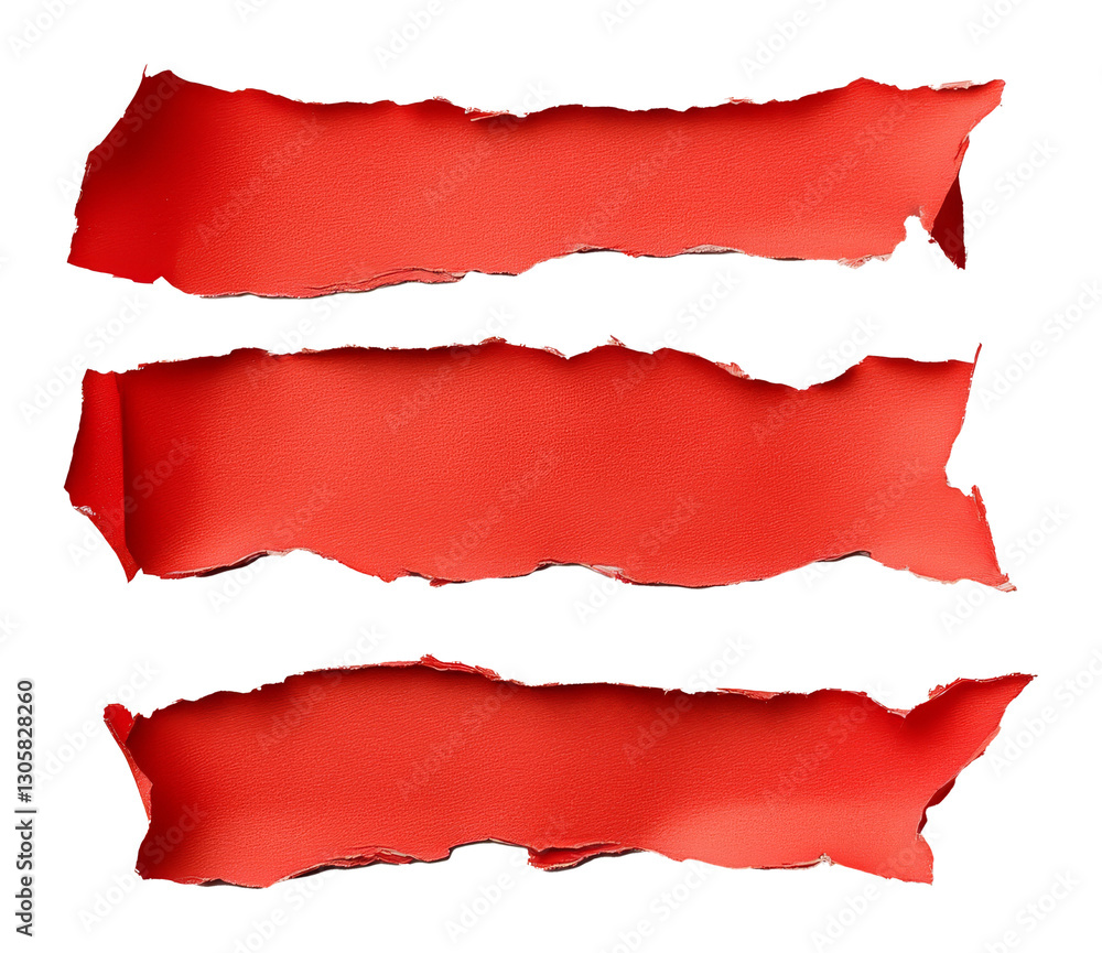 Poster three red torn paper strips on transparent background, abstract texture. creative design concept