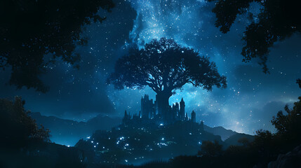 Obraz premium Majestic tree silhouette illuminated by cosmic light beneath a starstudded night sky in a dreamlike landscape. Dreamlike - Castle. Illustration