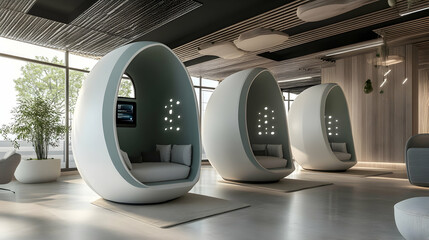 Office wellness concept integrating biometric stations and relaxation pods