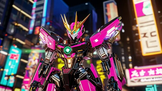 A futuristic pink and black anime-style mecha robot stands confidently in a neon-lit cityscape.