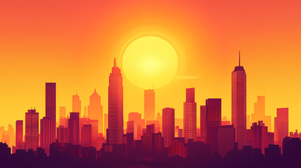 Fototapeta premium The sun sets behind futuristic skyscrapers enveloped in an orange glow, casting a dreamlike ambiance over the modern cityscape. Dreamlike - Castle. Illustration