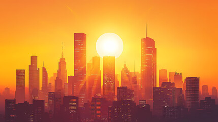 Fototapeta premium The sun sets behind futuristic skyscrapers enveloped in an orange glow, casting a dreamlike ambiance over the modern cityscape. Dreamlike - Castle. Illustration