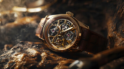 Luxury timepiece mechanics showcase on natural surface