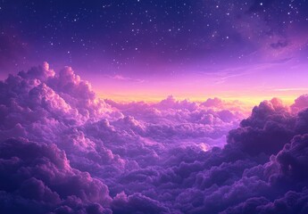 Fototapeta premium Ethereal Sky at Dusk with Vibrant Purple and Pink Clouds Illuminated by Twinkling Stars Under a Deepening Blue Horizon