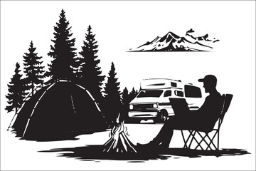 Vintage Outdoor Camping Artwork – Man Relaxing by Fire with Horses in Pine Woods