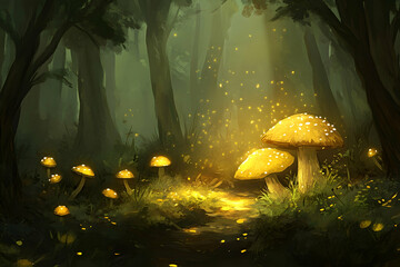 Magical forest scene with glowing mushrooms and soft lighting