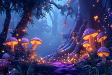 Magical forest scene with glowing mushrooms and soft lighting