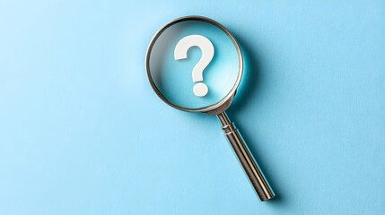 Magnifying glass highlighting question mark on solid color background