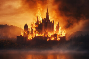 Obraz premium Fiery Castle in Flames Against a Dramatic Sunset Sky Reflection