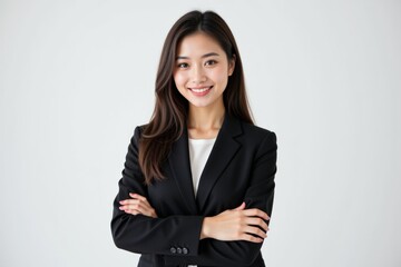 Fototapeta premium Confident Young Asian Businesswoman in Professional Attire Smiling Against a Neutral Background, Representing Empowerment and Career Success