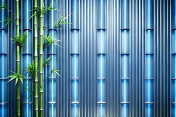 Obraz premium Futuristic metallic background with blue neon light bamboo leaves modern design high-tech cyberpunk style innovation glossy texture Copy Space milkyhexddway Backgrounds for advertising business art